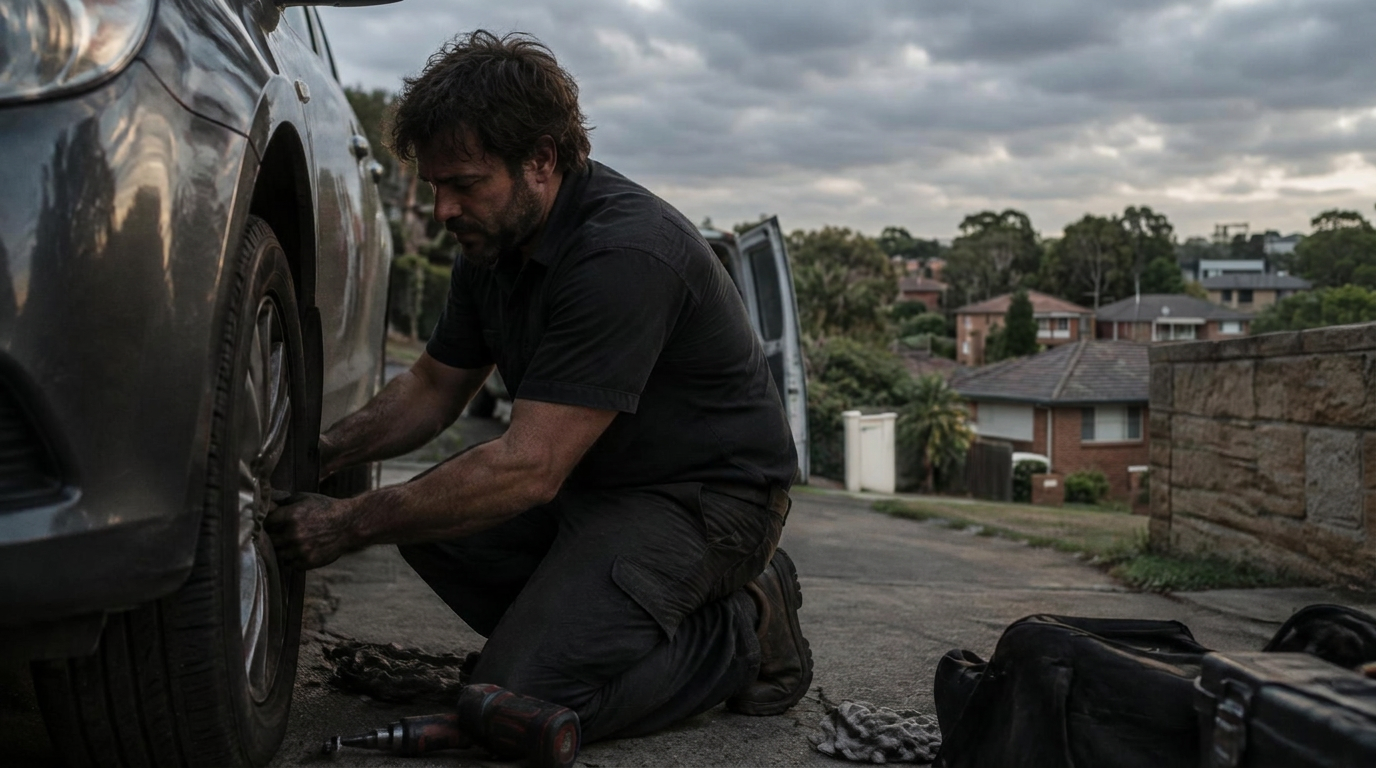 PMP Mechanical mobile mechanic working on a car wheel in a driveway